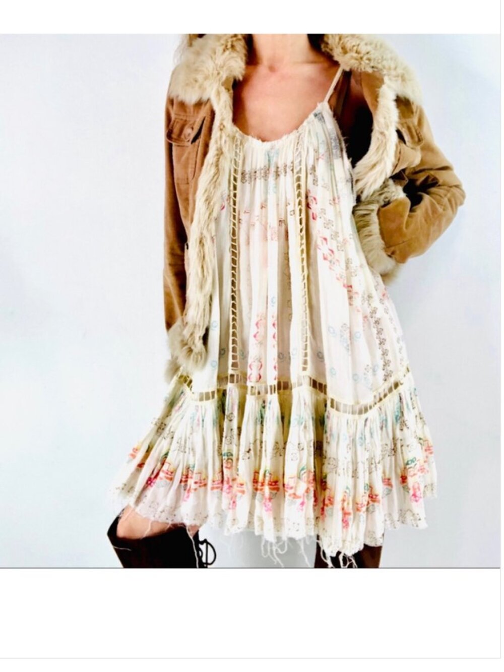 Free People FP One White Boho Print Mini Slip Dress